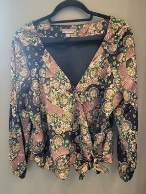 J.Crew Point Sur Blue Floral Wrap Blouse with Tie Front